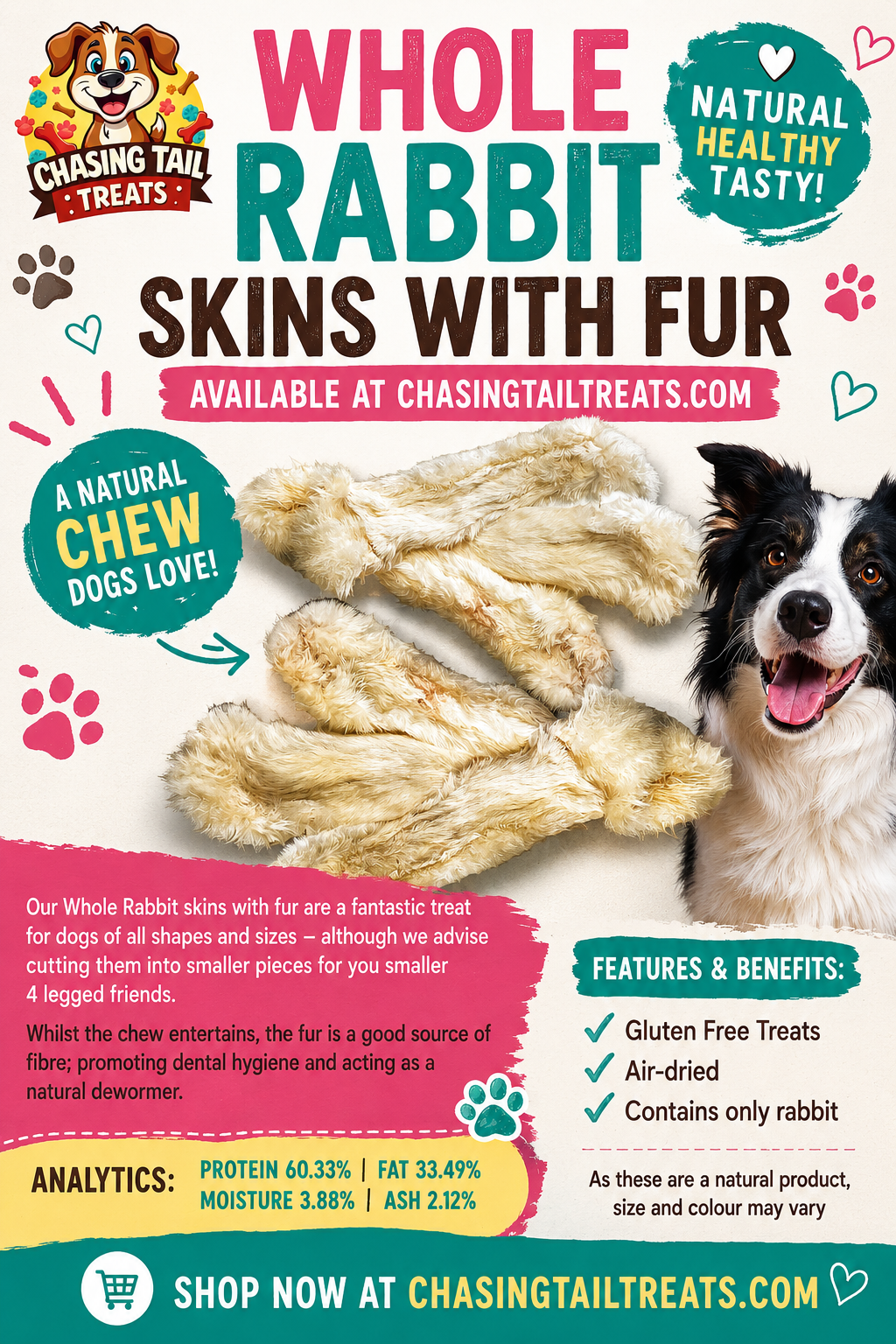 Natural Dog Treats - Rabbit Skin Rolls with Fur 50cm